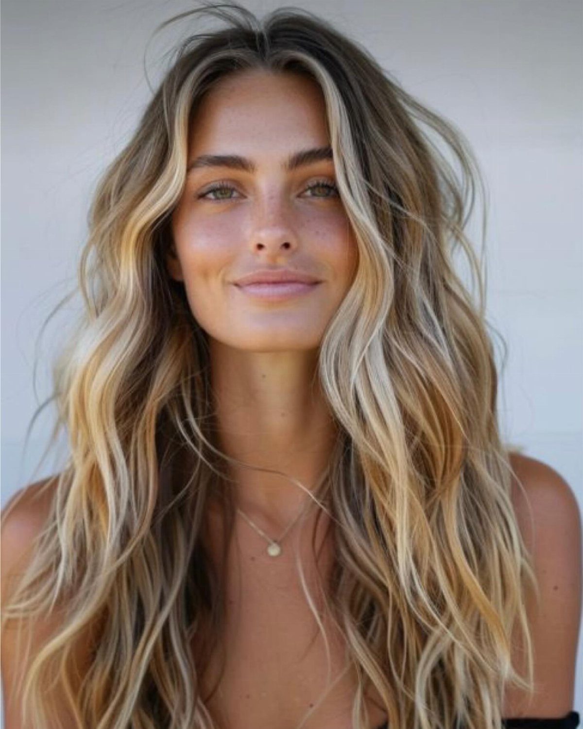 Woman with long, loose ash blonde waves and darker roots