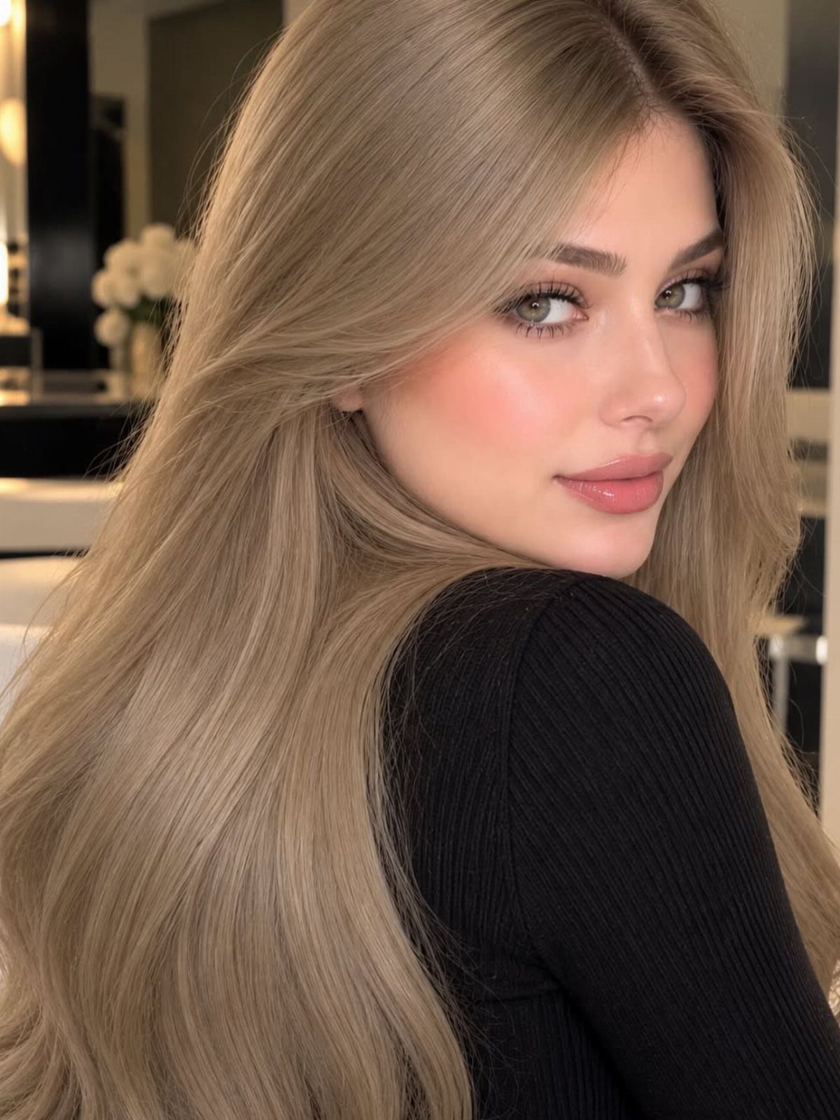 Woman with long, bright light ash-blonde hair looking over her shoulder