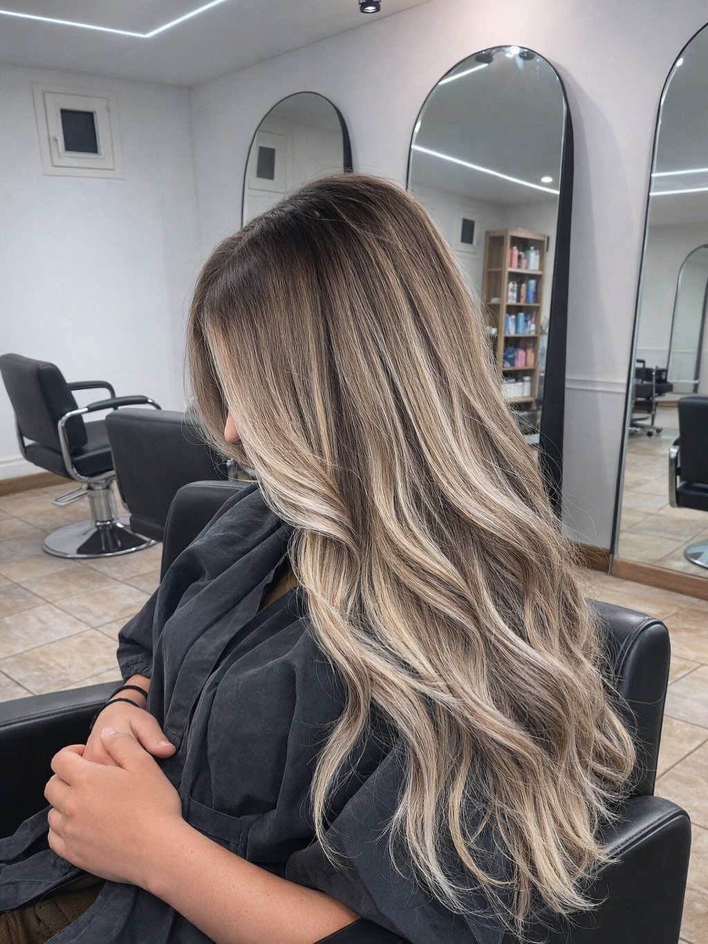 Long wavy ash-blonde balayage with dark roots in a salon chair