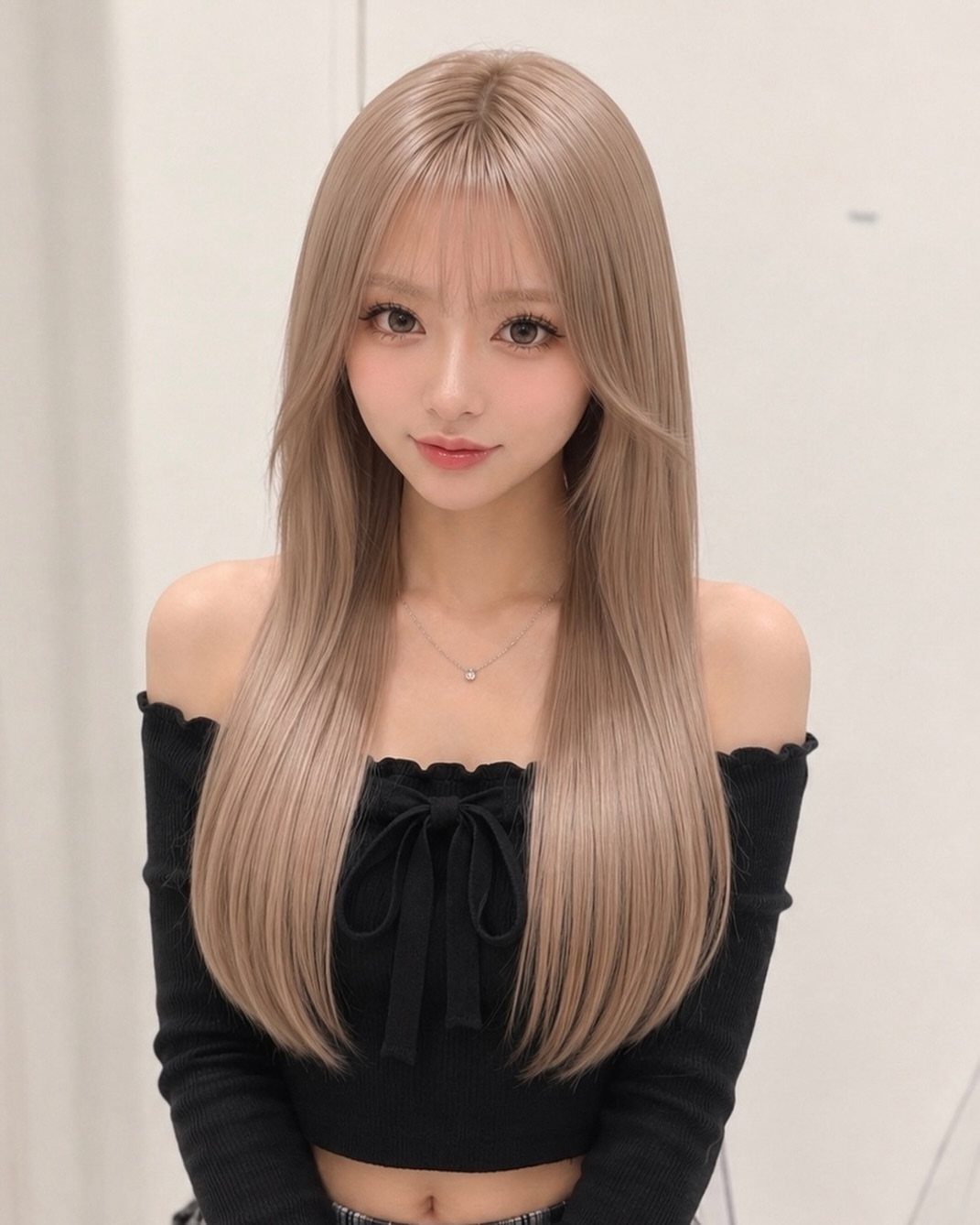 Woman with long, straight icy ash-blonde hair and bangs