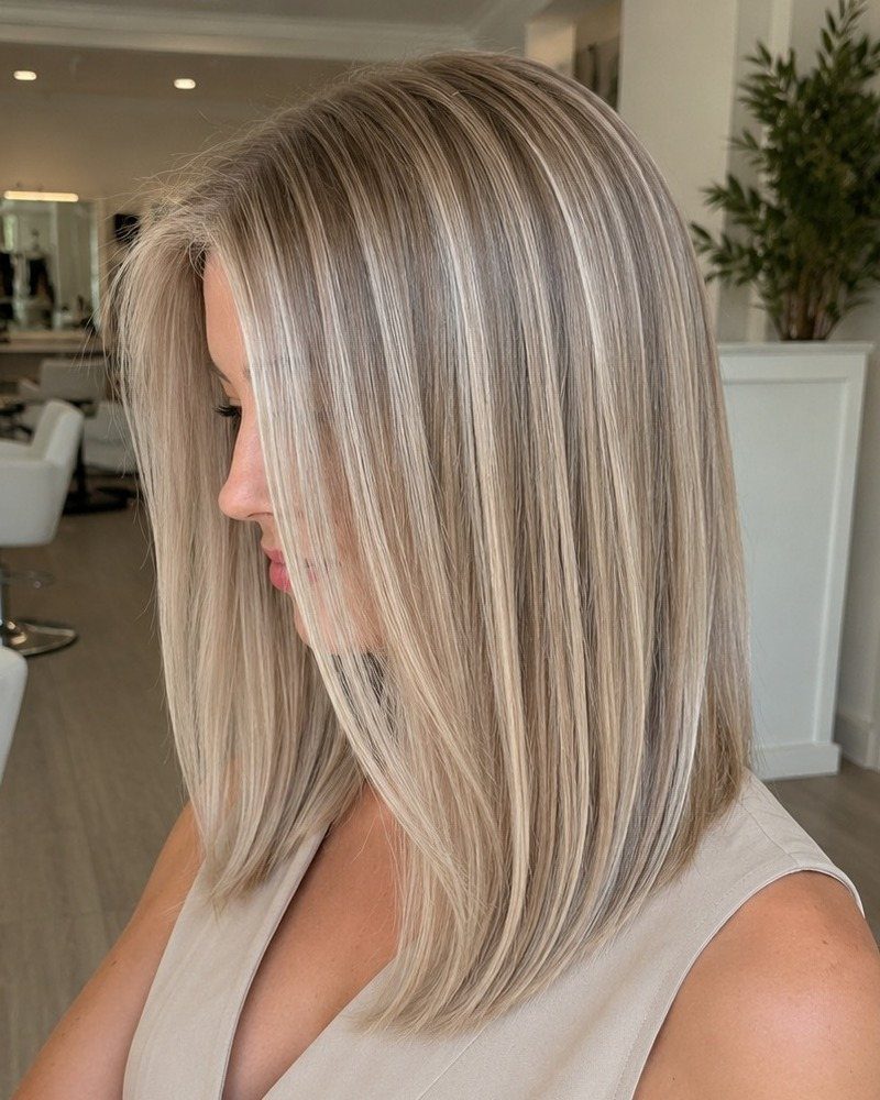 Woman with straight shoulder-length ash blonde hair and darker shadowed roots