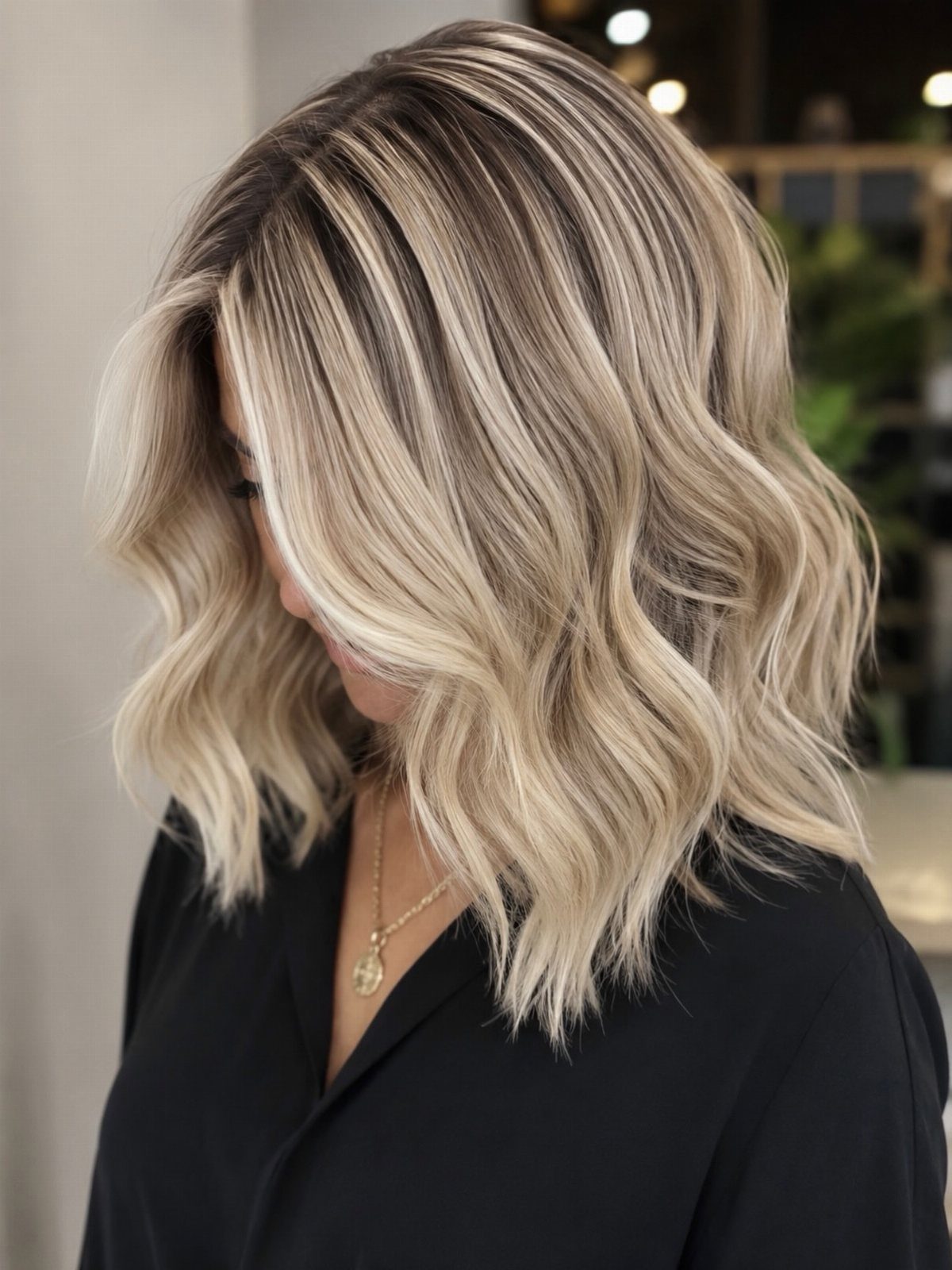 Wavy mushroom blonde hair with cool taupe roots and beige-gray highlights