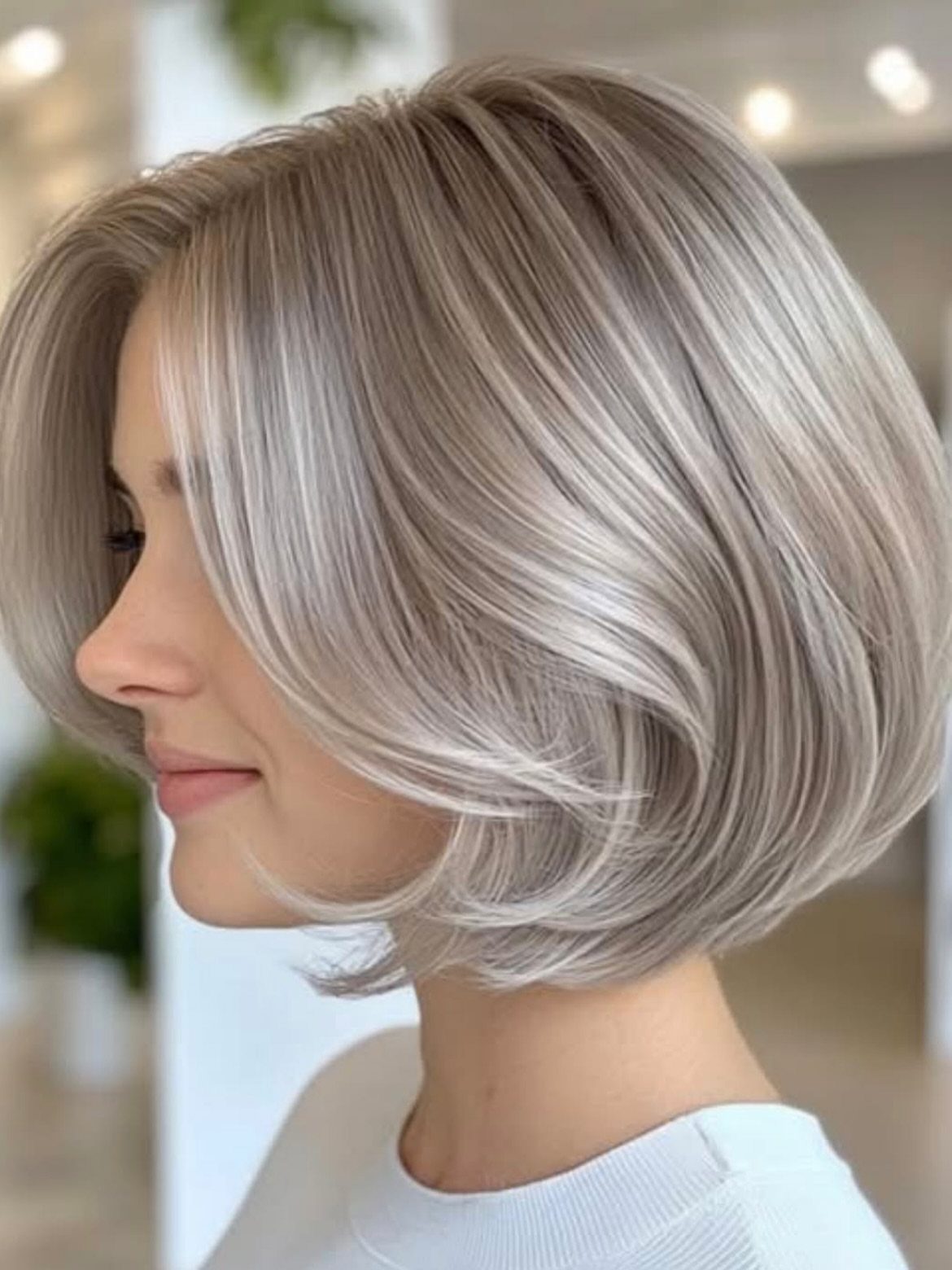 Silver ash-blonde bob with layered ends and a smooth, cool-toned finish