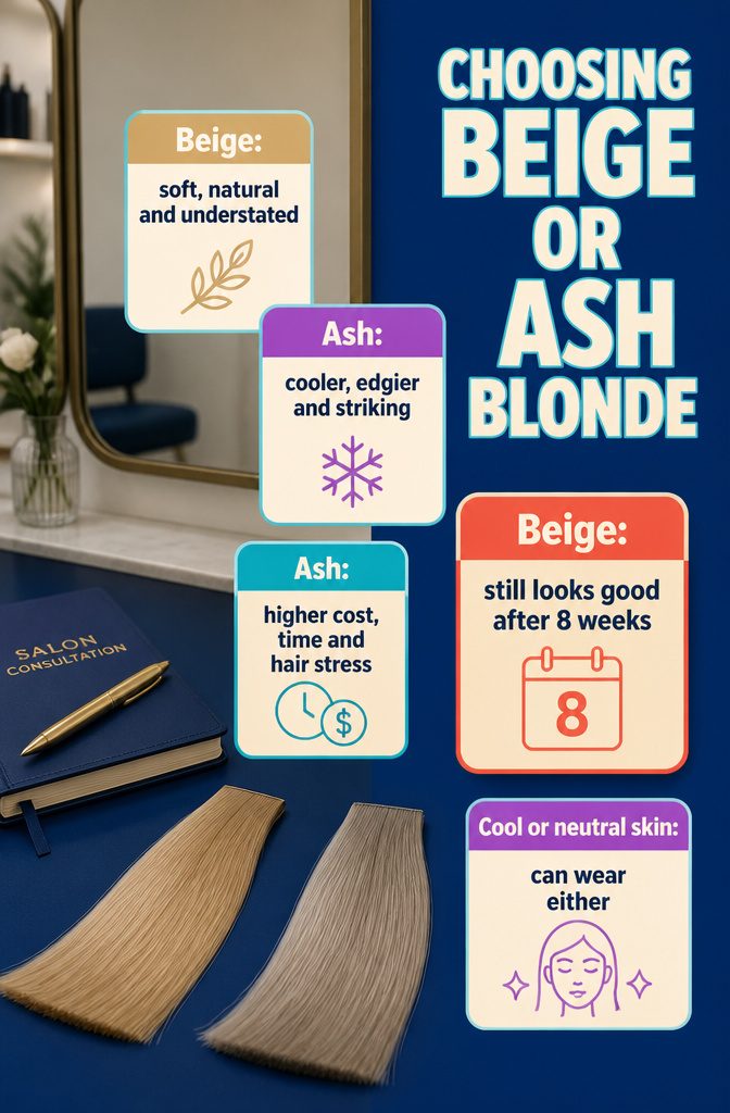 Blonde hair look illustrating a choice between beige and ash tones