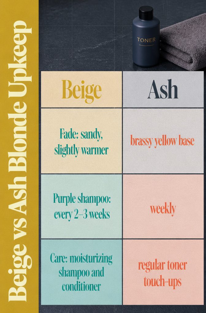 Beige and ash blonde hair tones compared as color fades