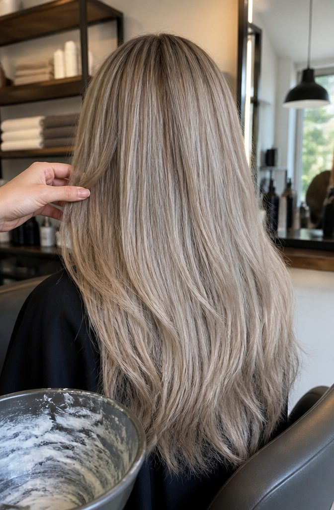 Blonde hair look illustrating a blend of beige and ash tones