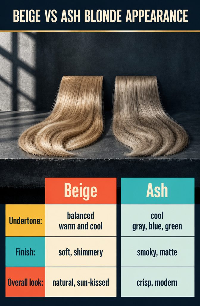 Beige and ash blonde hair tones compared for shine and matte finish
