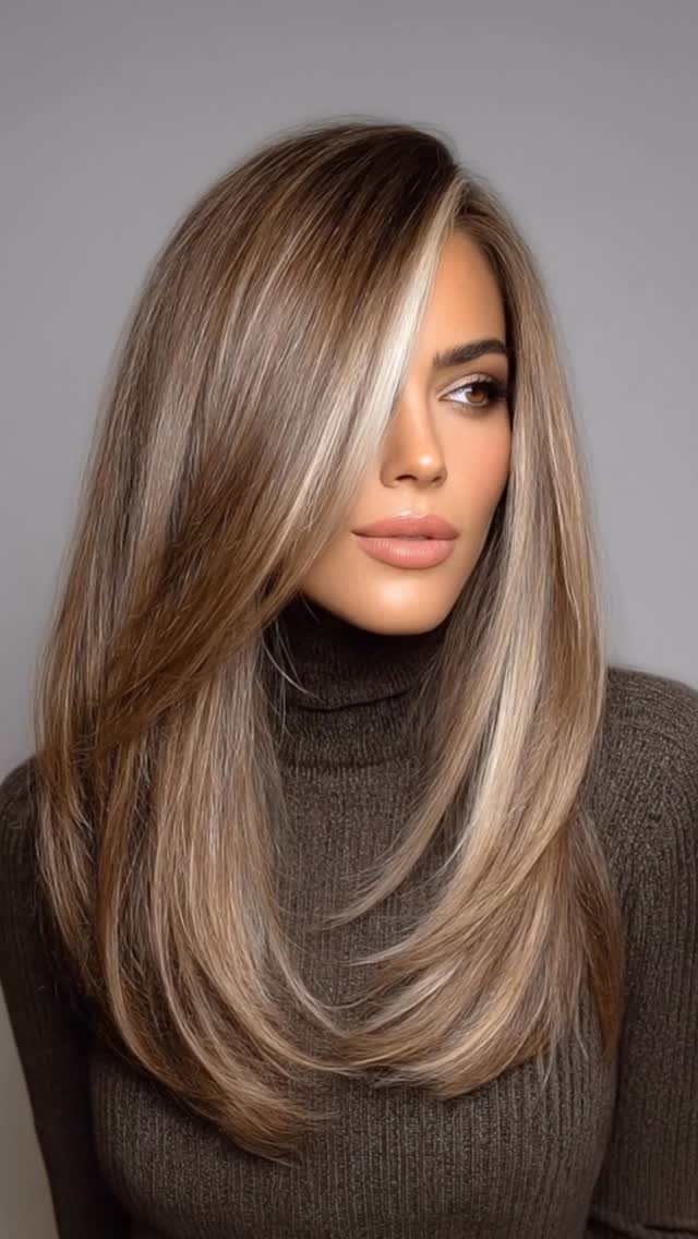 Long layered beige blonde hair with darker roots and lighter ends