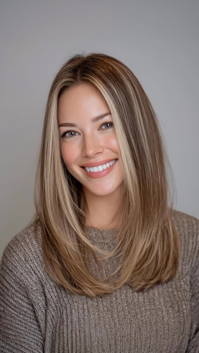 Woman with long beige blonde hair and warm honey highlights