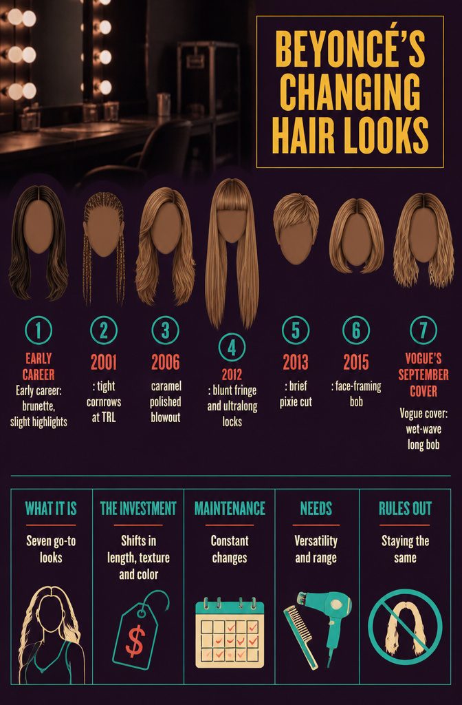 Beyoncé hair timeline with brunette hair cornrows a bob and blonde waves