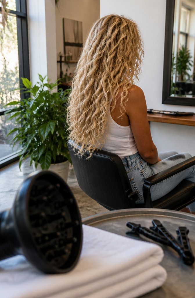 Woman with long blonde hair in springy curls beside a salon