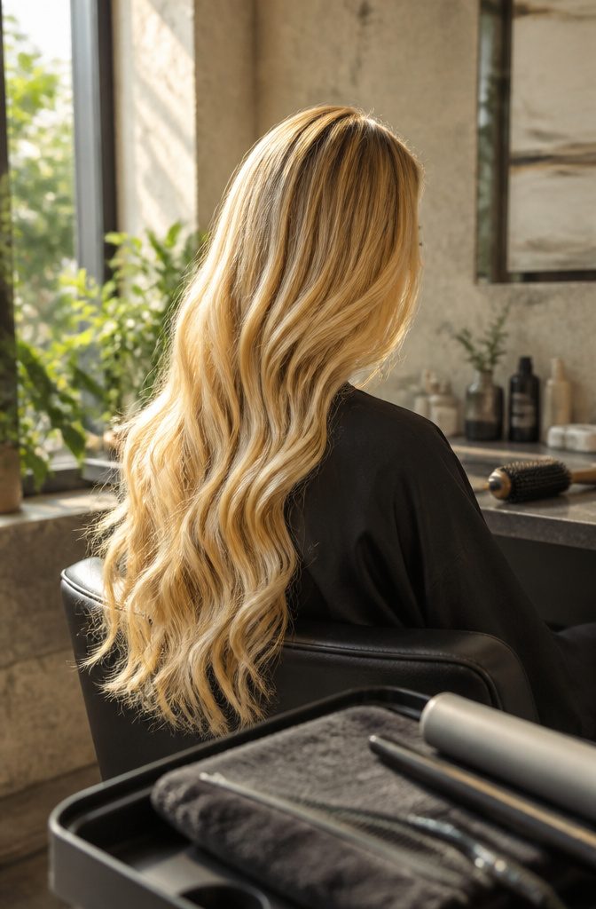 Beyoncé with bright warm blonde hair worn in soft waves