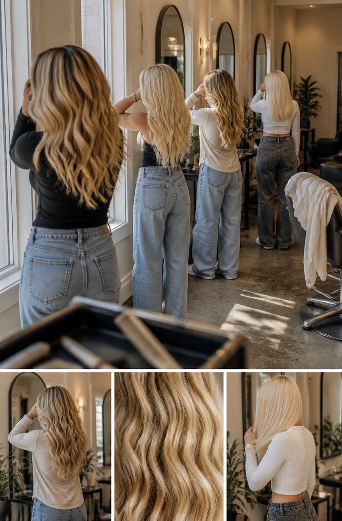 Hair color chart comparing honey sunny sunwashed and platinum blonde looks