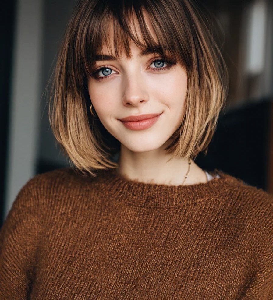 Woman with a dark-rooted blonde bob and wispy fringe wearing a brown sweater