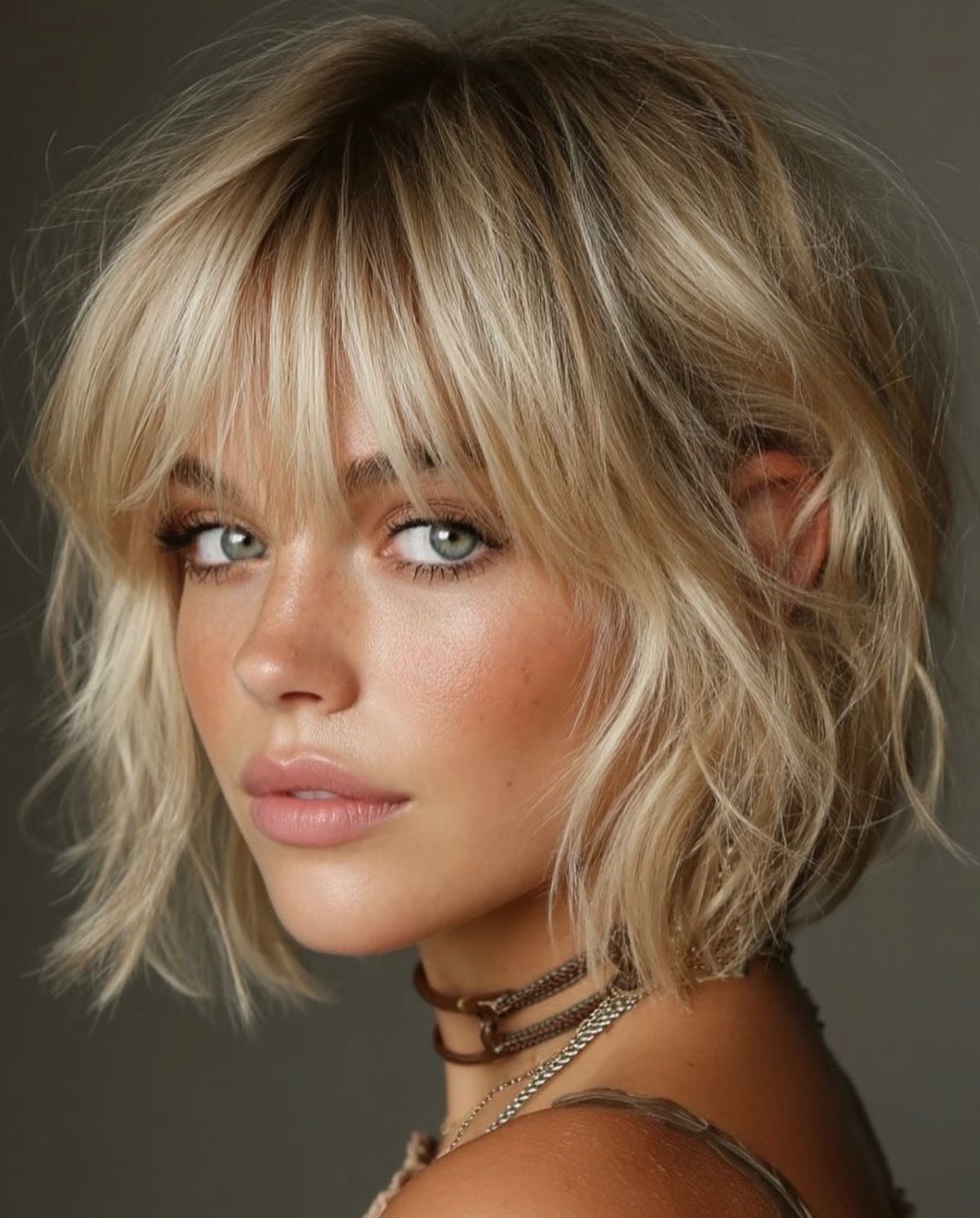 Woman with a tousled, choppy blonde bob and wispy fringe