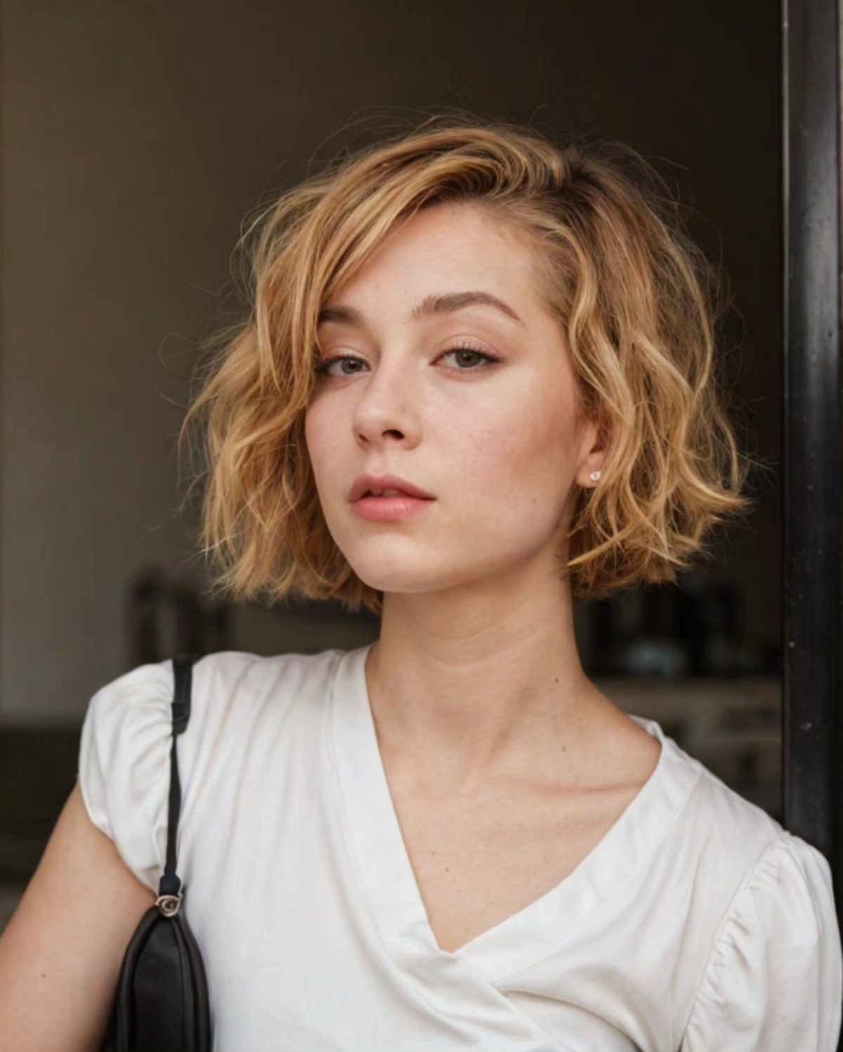 Woman with a loose, wavy blonde bob wearing a white blouse