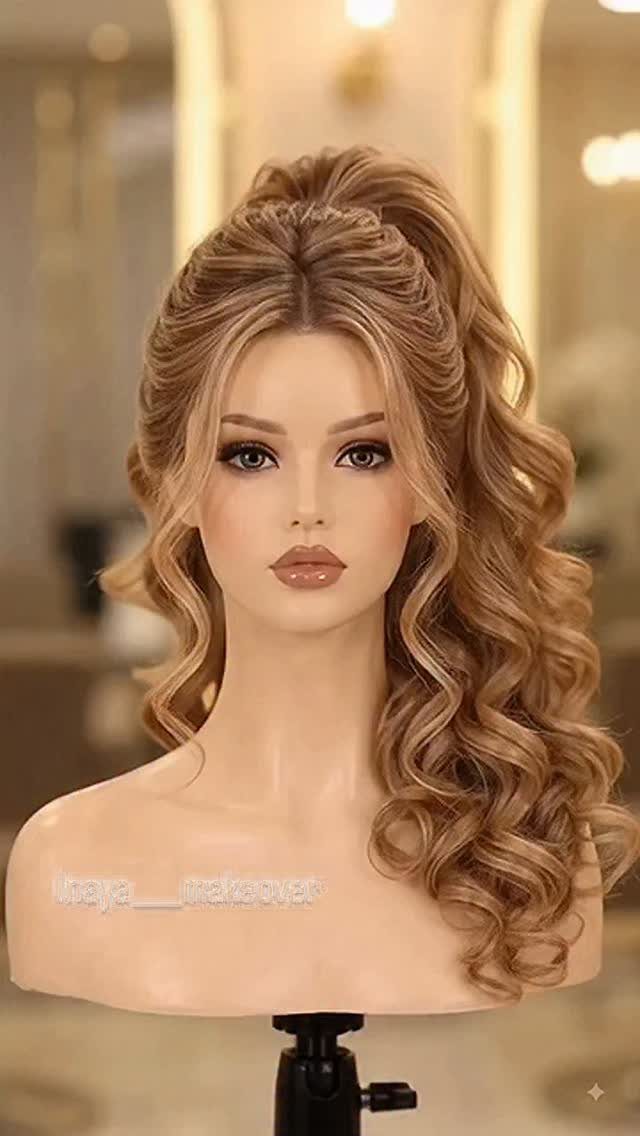 Blonde mannequin with long, voluminous curls and hair gathered half-up