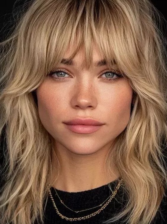 Woman with layered blonde hair, wispy bangs, and loose waves against a dark background