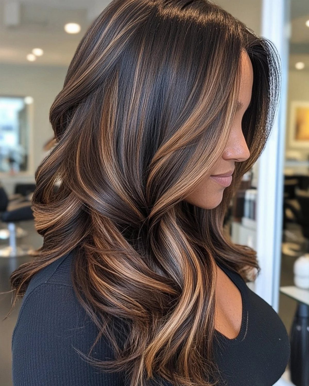 Long brunette curls with golden blonde highlights frame a woman's face in a salon.