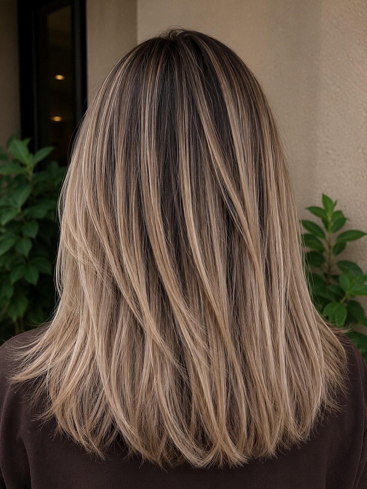 Long layered beige-blonde balayage blends softly from dark brown roots.