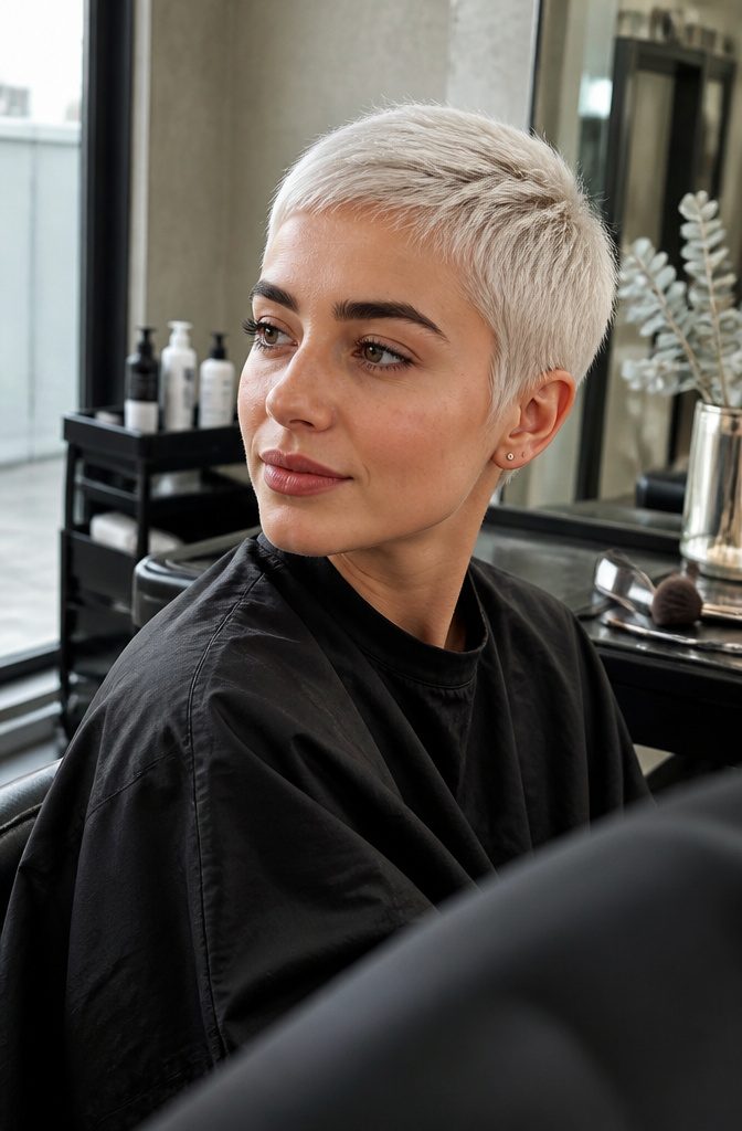 Cara Delevingne with a platinum pixie cut and full dark eyebrows