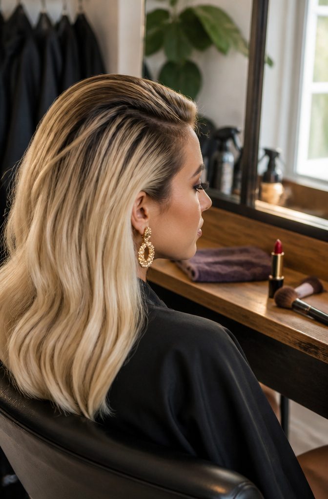 Blonde lengths with darker roots and glam eyeshadow