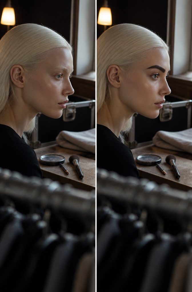 White-blonde hair with severe near-black eyebrows