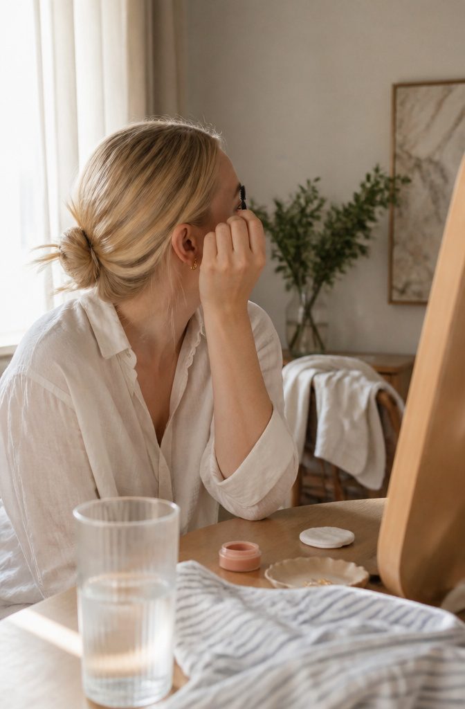 Blonde hair tucked back with dark brows and a soft rose-beige lip
