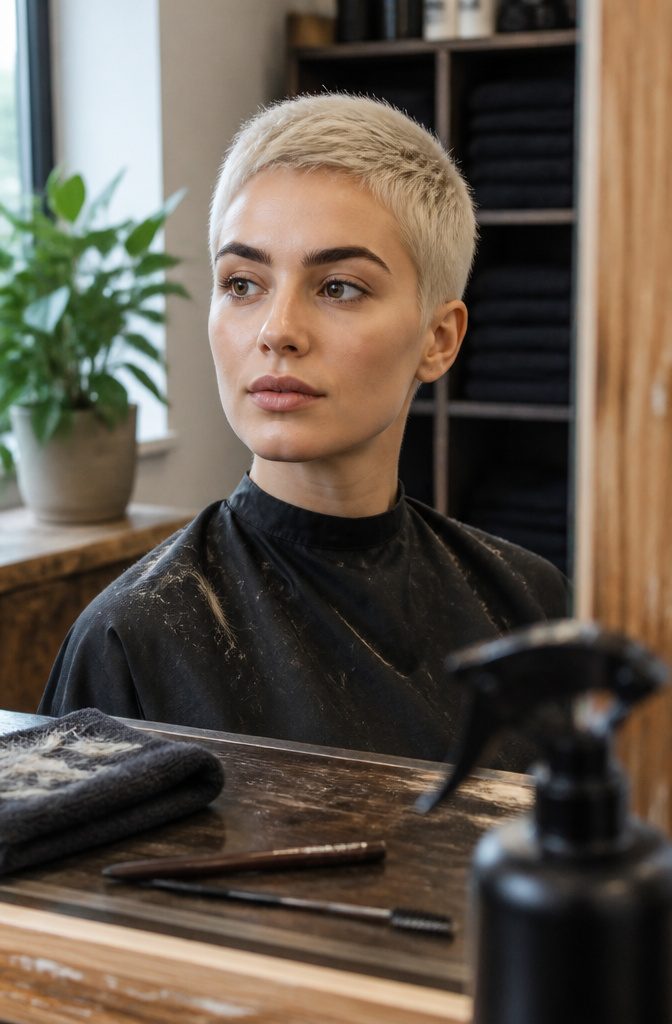 Cara Delevingne with a short platinum pixie and bold dark brows