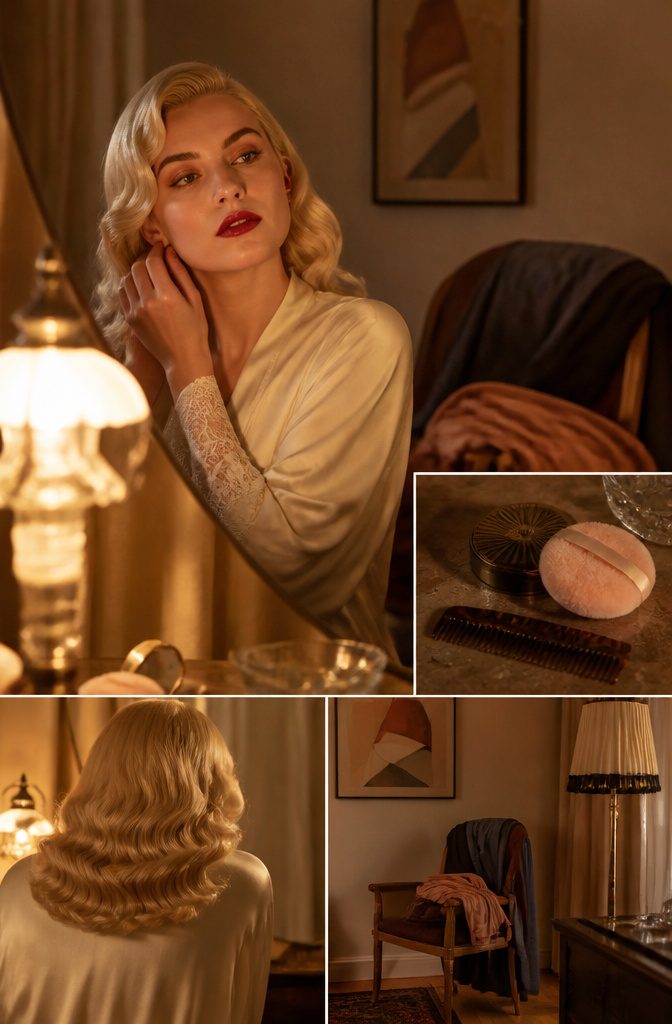 Marilyn Monroe with blonde hair dark arched brows and a red lip