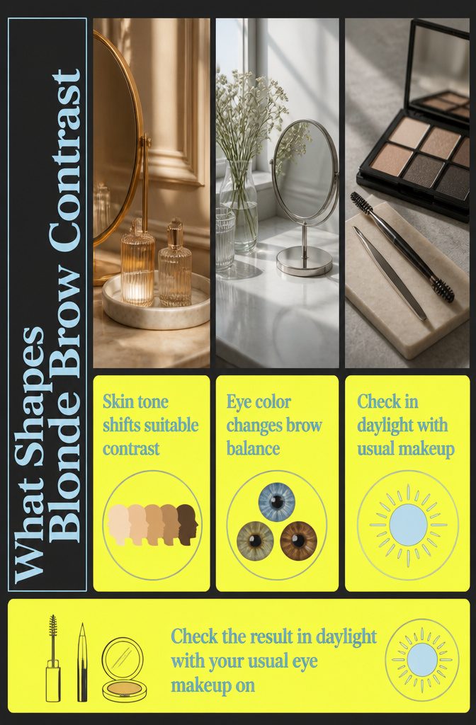 Beauty graphic about skin tone eye color and brow shape affecting brow contrast