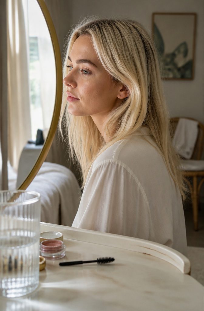Pale blonde hair beside natural-looking brows with visible individual hairs