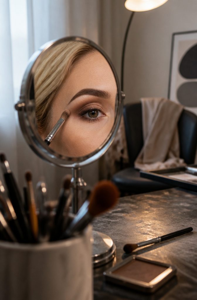 Blonde hair with dark brows and blended charcoal and brown eye shadow