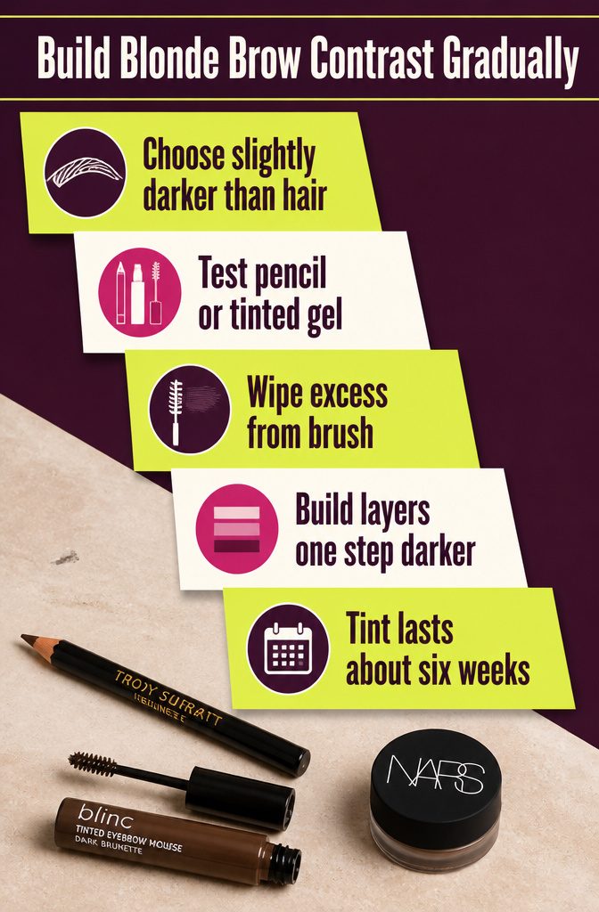 Beauty graphic listing steps for building blonde brow contrast gradually