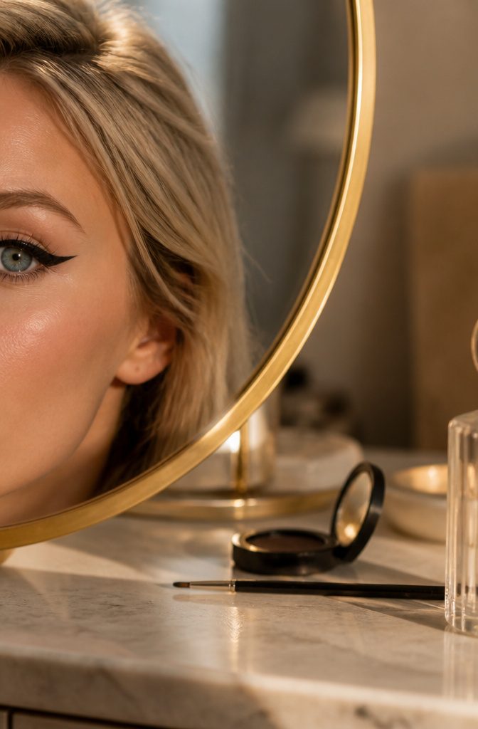 Blonde-haired person with blue eyes wearing black cat-eye liner