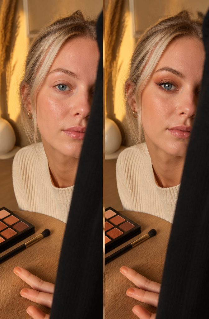 Blue-eyed person wearing copper and peach shadow near the lashes