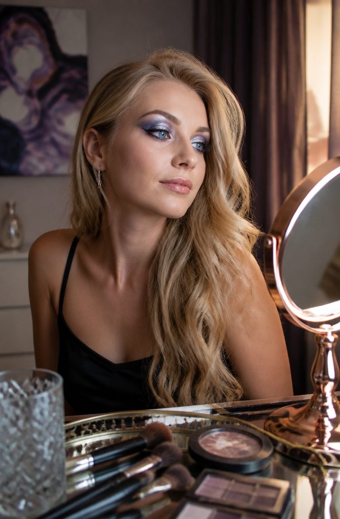 Blonde-haired person wearing silver and violet shadow with blue in the crease