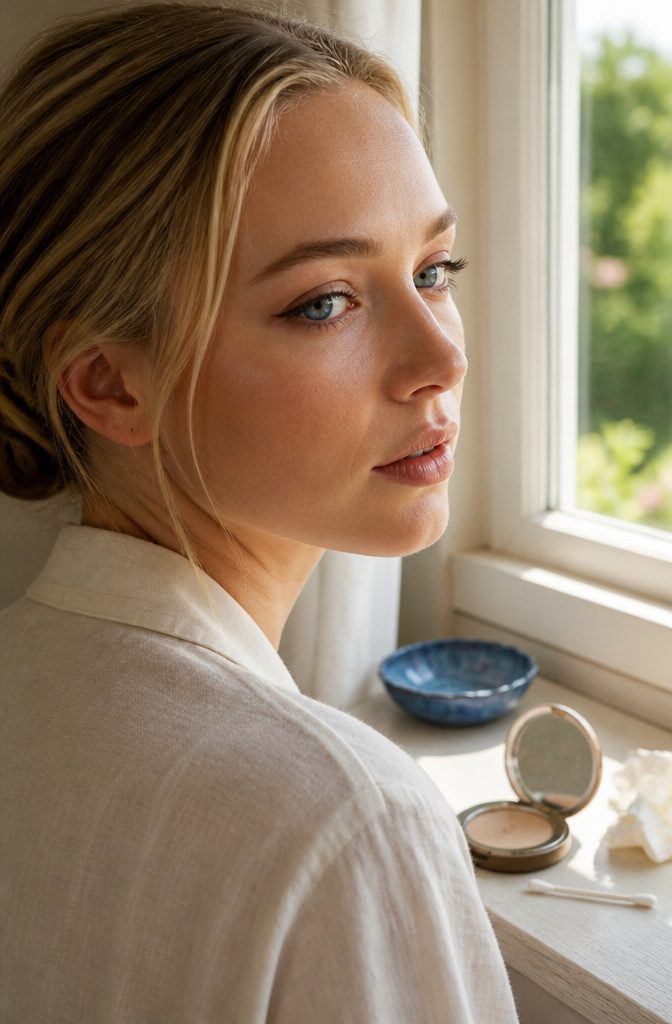 Blonde-haired person with blue eyes wearing nude makeup and dark pencil liner