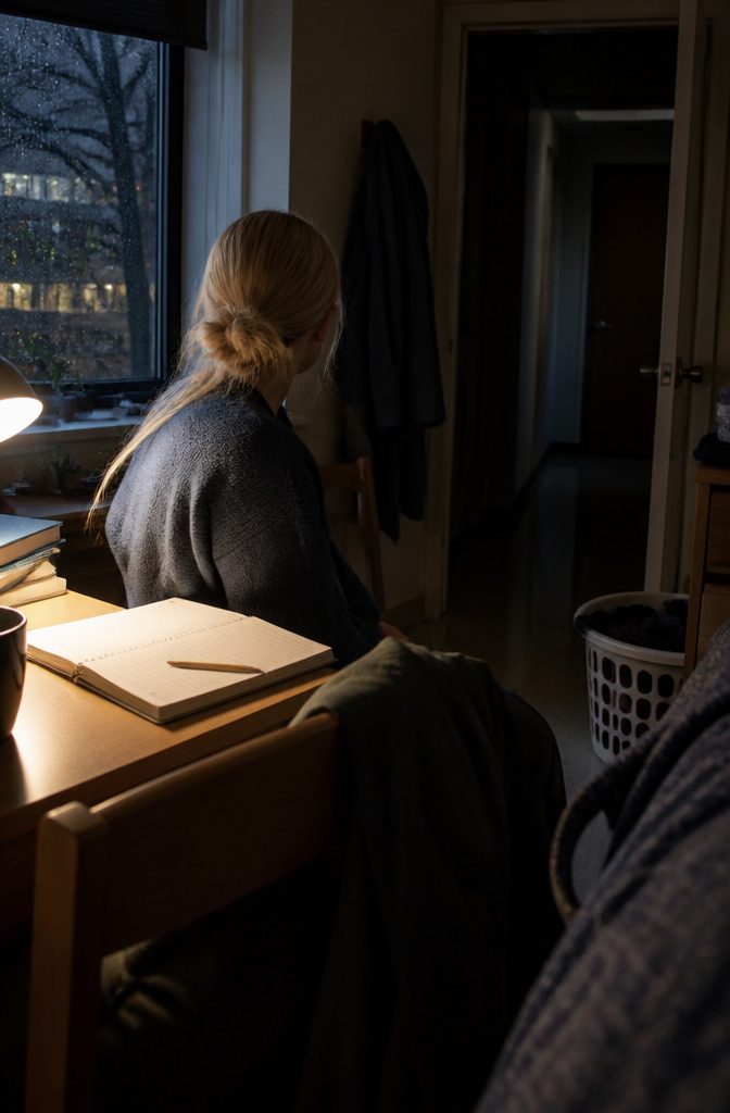 Blonde college reporter beside an open notebook facing a dim dormitory corridor