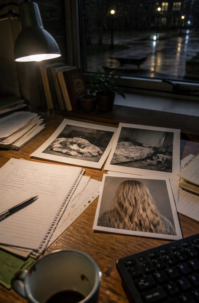 Young blonde woman with blue eyes beside handwritten article notes