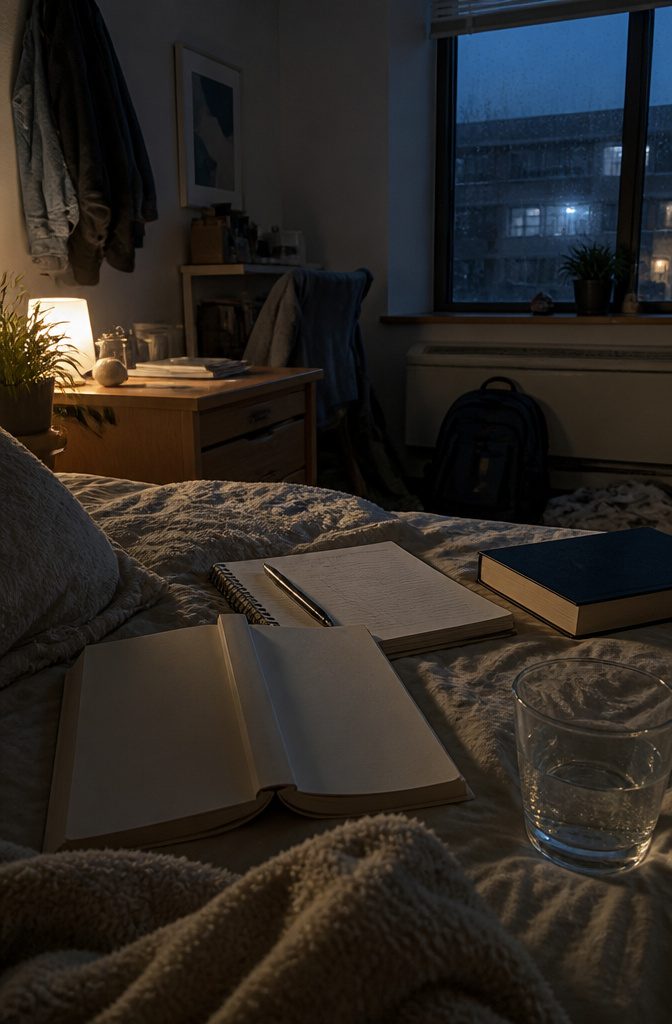 Open paperback face down on a rumpled bed beside a notebook and closed novel