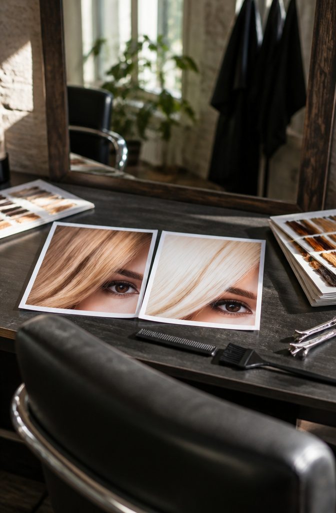 Two printed portraits showing blonde hair and dark brown eyes