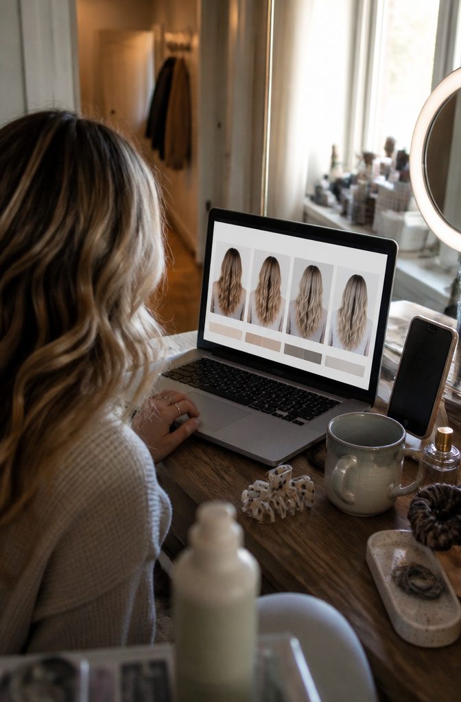 Person at vanity viewing a hair color preview on laptop