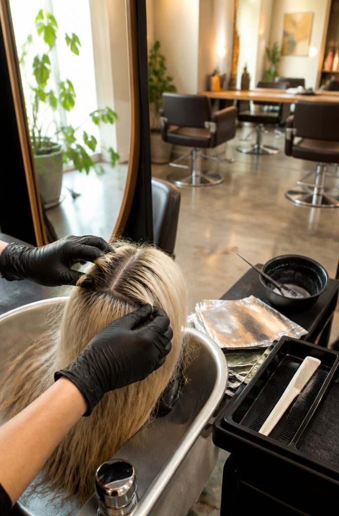 Pale blonde hair parted to show dark roots at salon basin