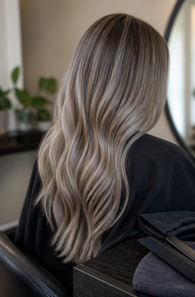 Ash blonde hair with gray tones and a muted mushroom finish