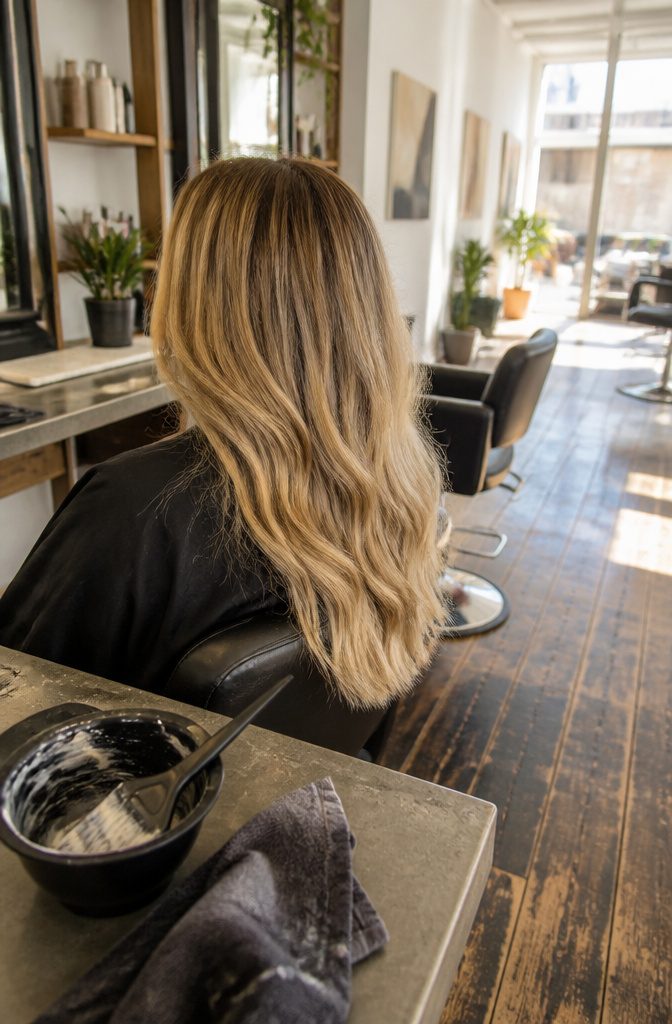 Balayage blonde hair with honey pieces over a dark blonde base