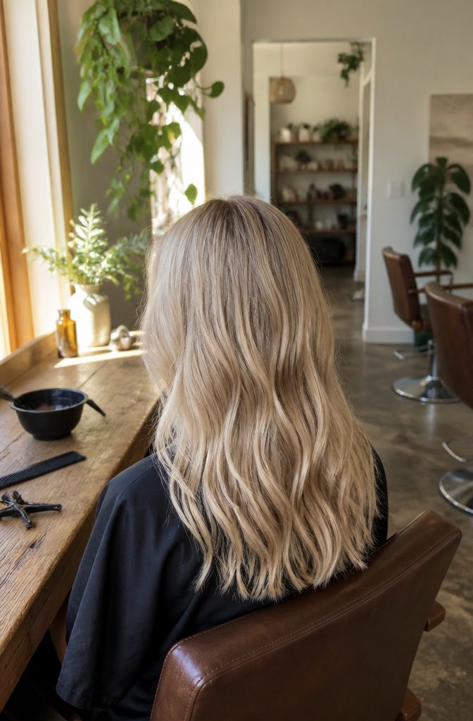 Champagne blonde hair with beige tones and creamy pearl highlights