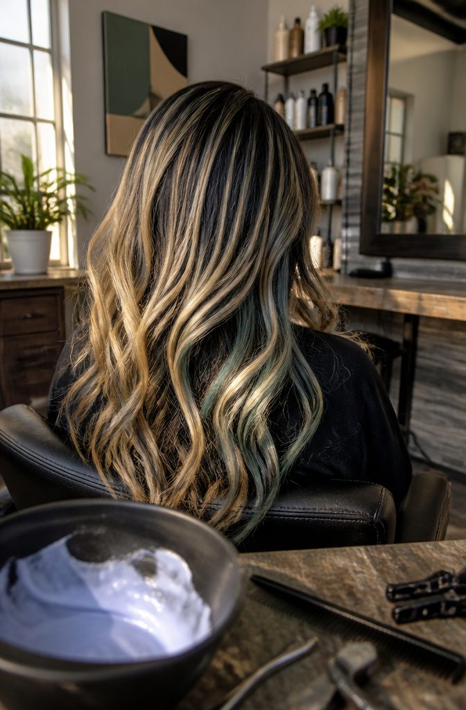 Black blonde hair with fine highlights and hidden pastel mint strands