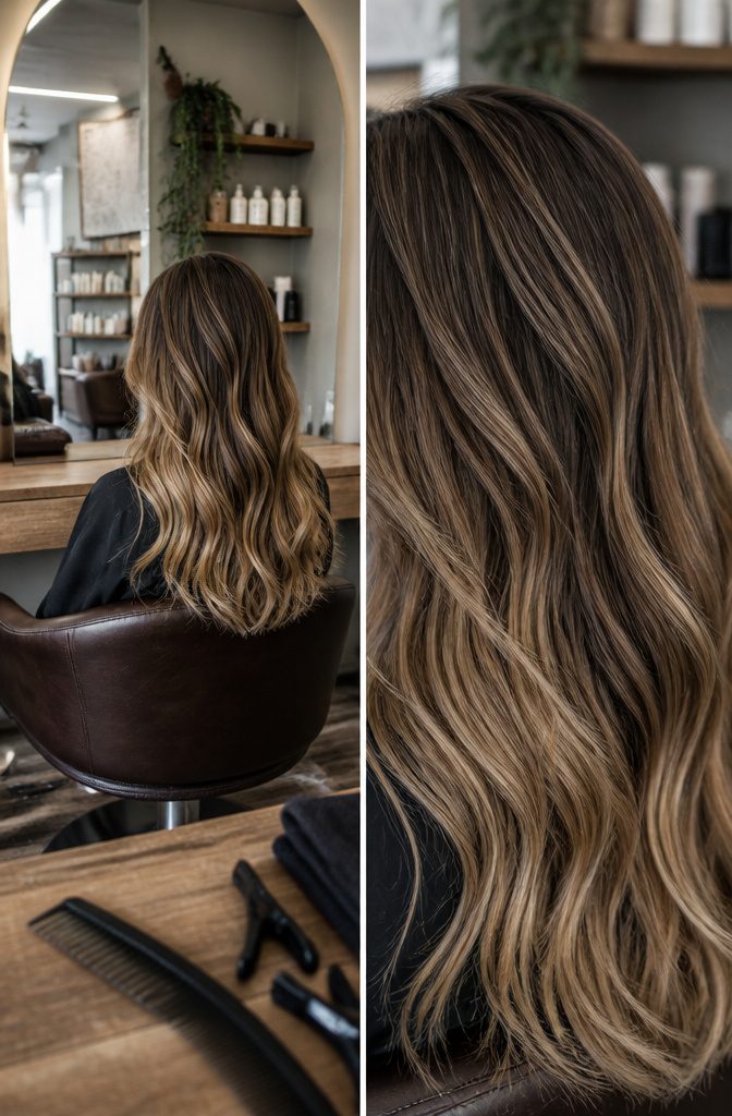 Bronde hair with blonde lengths over a deeper brown-blonde base