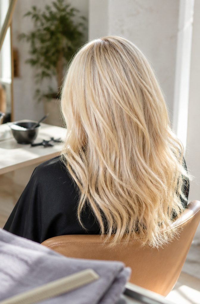 Buttery blonde hair with pale yellow tones and creamy highlights